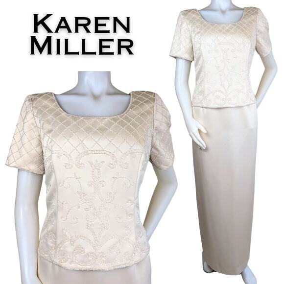 Karen Miller Cream Satin Beaded Short Sleeve Formal Event Maxi Dress Size 10 - Picture 1 of 11